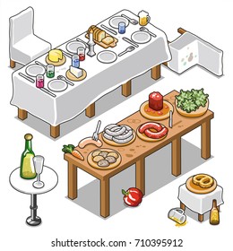 Two long tables laid for dinner or barbecue buffet, with tableware, drinks, bread, cheese and sausage, including pretzel and champagne (isometric vector illustration)