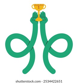 Two long twisted funky hands holding a golden cup, concept of winning and achieving, receiving prize for it. Hand drawn isolated on white vector illustration