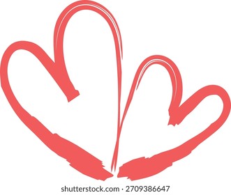 Dos corazones sueltos de pincelada con bordes ásperos y peso de línea dibujado a mano. Las Formas swoop dobles se curvan simétricamente, estilo de boceto con textura de trazo dinámico. Ilustración vectorial de dibujos animados
