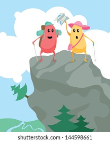 Two lost tourists. Colorful monsters with hiking kit and map are standing on the top of the mountain.