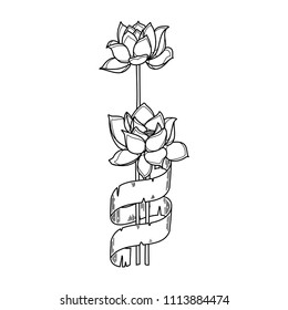 Two lotus blooming flowers with label to place a name. Vector illustration. Handmade nature line drawing. Isolated logotype.