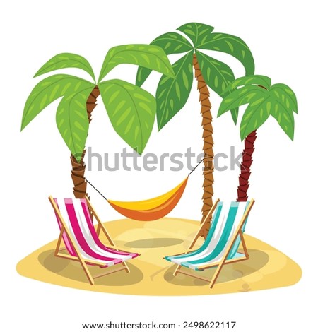 Two lounge chairs and a hammock are nestled on a sandy beach, surrounded by lush palm trees