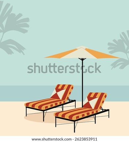 Two lounge chairs are on a beach with an umbrella in the background. The chairs are striped and the umbrella is orange. Scene is relaxed and leisurely. Flat vector illustration