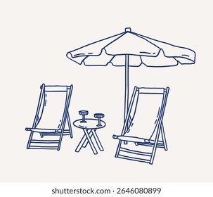 Two lounge chairs sit beside small table under a large umbrella whimsical hand drawn line art. Perfect space for beach relaxation. Vector outline illustration