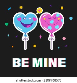 Two in love balls in the shape of a heart. Vector cartoon sticker about love.