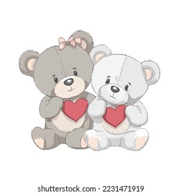 Two Love Bears Holding Hearts Prints Vector T-shirt Illustration Vector