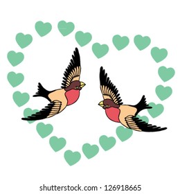 Two love birds and hearts.