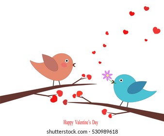 two love birds on branches. Valentine's Day. Vector