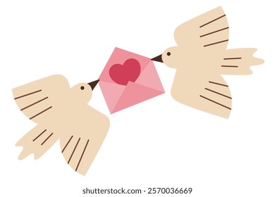 Two love birds with pink envelope with red heart,love and connection, playful minimal design in cute vector style for Valentine's Day, romance and affection concepts, isolated icon on white background