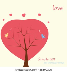 Two love birds sit and singing on a tree of hearts