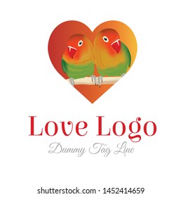 Two 'Love Birds' sitting on a branch Logo vector illustration with Dummy Text for multipurpose use.