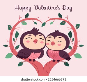 Two love birds sitting on a heart-shaped tree. Valentine's Day card.