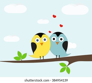 Two love birds sitting on a branch on a background of clouds. Vector.