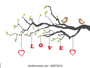 Two love birds sitting on a love tree vector illustration