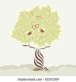 Dos pájaros de amor y una tarjeta de saludo estilizada. Esta imagen es una ilustración vectorial.