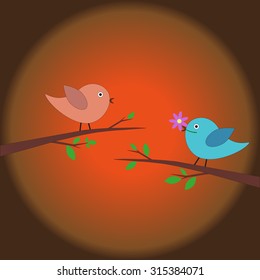 two love birds at sunset. Vector.