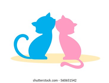 Two in love, enamored cat, boy and girl kissing. Blue and pink silhouette, logo in a flat style. Illustration wedding or Valentine's Day. Amorous Animals Cartoon Characters. Isolated vector