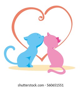 Two in love, enamored cat, boy and girl kissing on the background of a large heart. Blue and pink silhouette, flat style. Illustration wedding or Valentine's Day. Amorous cartoon Characters, vector