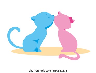 Two in love, enamored cat, boy and girl kissing. Blue and pink silhouette, logo in flat style. Illustration wedding or Valentine's Day. Amorous Animals Cartoon Characters. Isolated vector