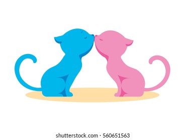 Two in love, enamored cats, boy and girl kissing. Blue and pink silhouette Logo in a flat style. Illustration Wedding or Valentine's Day. Amorous Cartoon Animals Characters in profile. Isolated vector