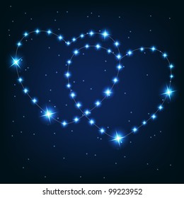Two love heart from beautiful bright stars on the background of cosmic sky