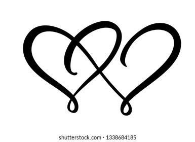 Two love heart signs. Romantic. Vector illustration icon symbol - join Valentines day and wedding. Template for t shirt, card, poster. Design flat element
