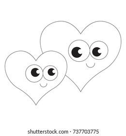 Two Love Hearts Funny cartoon. Outlined illustration with thin line black stroke