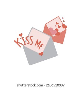 Two Love letter flat vector illustration. Open envelopes in lettering and the inscription kiss me.