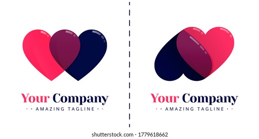 The two love logos which overlap with gradation and transparency. Templates can be used for corporate, dating apps, business wedding events, poster, brochure, invitation, card, website, banner