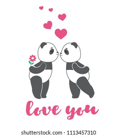 Two love pandas with hearts. Design element for baby shower card, scrapbook, invitation, baby goods and childish accessories. Isolated on white background. Vector illustration.