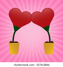 Two love red heart flowers tree with shadows on pink sun rays background. Vector illustration love in Valentine day concept.