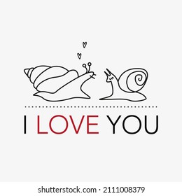 Two in love snails in the line art style. Snails profile for valentine's day for print, postcards, greetings. The inscription "I love you". Vector illustration with declaration of love. Cute animals.