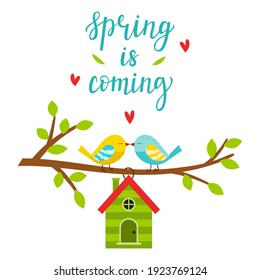 Two lovebirds on a branch with leaves. A birdhouse in the form of a house. Lettering Spring is coming. Spring, bright color vector illustration, postcard in a flat style. Isolated on a white backgroun