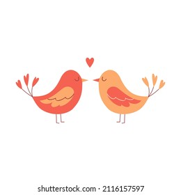 Two lovebirds are standing with their eyes closed. Cartoon-style characters, a decorative element for Valentine's day cards. Color vector illustration isolated on a white background
