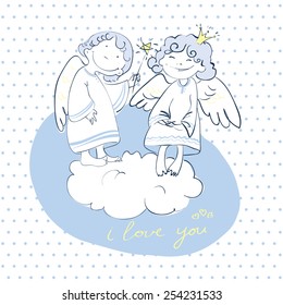 two lovely angel , i love you, my angel,  vector drawing