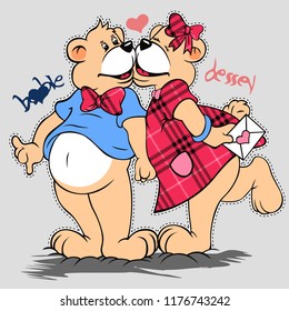 Two lovely bears have blue t shirt, fabric patterned bow tie, dress and ribbon with around text on grey background. Vector illustration.