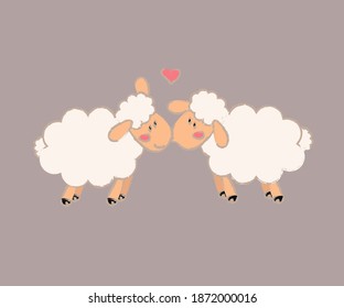Two lovely beloved sheep. Cartoon. Vector illustration.