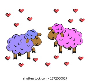 Two lovely beloved sheep. Cartoon. Vector illustration.