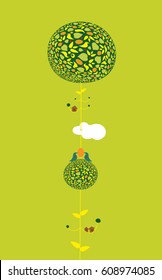 Two lovely birds sitting on a decorated blooming spring tree holding their egg. Nature awakening concept.