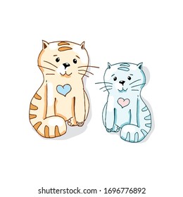 two lovely cartoon cats with heart. Vector illustration for postal or sticker.