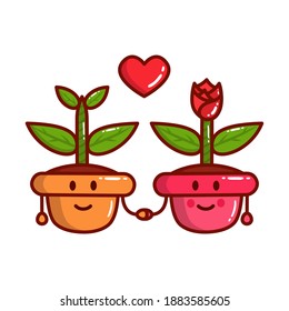 Two lovely cartoon pots with plants in love. Romantic vector illustration can be used for t-shirt, poster, card print, mug, phone case, stickers.