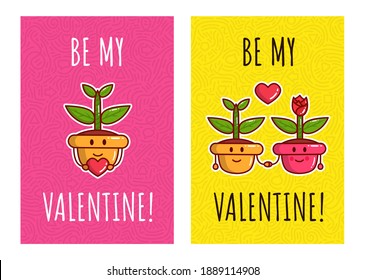Two lovely cartoon pots with plants in love. Greeting cards for valentines day. Vector.