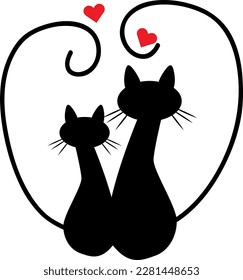 Two lovely cats are sitting with their backs next to each other, red hearts around. Cat with big long tail and with mustaches. Cat black silhouette, vector illustration. All elements are isolated. 