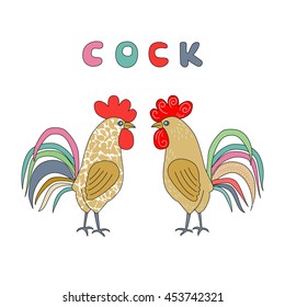 Two lovely cockerels on a white background. Illustration in flat style. Rooster symbol of Chinese New Year