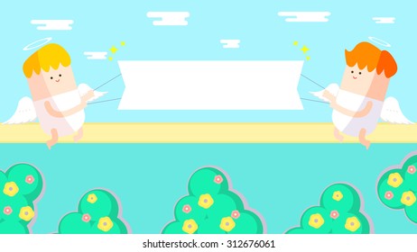 Two lovely cute happy angels cartoon characters with feather wings flying in the air holding a white blank marathon finish line banner sign. Outdoor park scene background, beautiful flower garden.