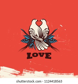 Two lovely doves with heart. Wedding invitation card with doves. Love scene illustration.