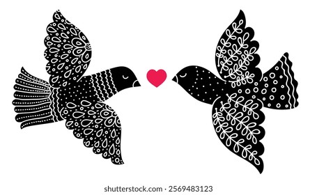 Two lovely doves with heart. Wedding invitation card with doves. Love scene illustration. Dove silhouette vector illustration template