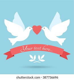 Two lovely doves with heart. Wedding invitation card with doves. Love scene illustration. 