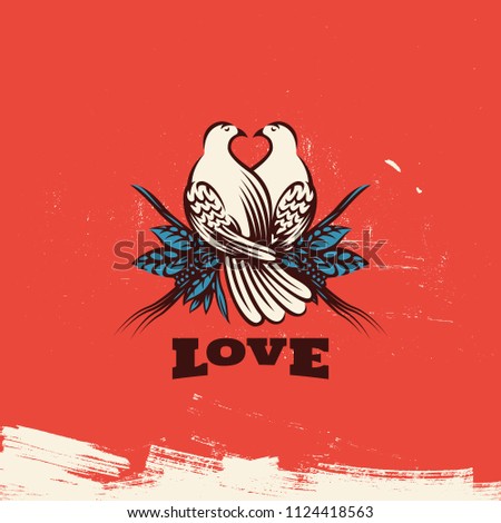 Two lovely doves with heart. Wedding invitation card with doves. Love scene illustration.