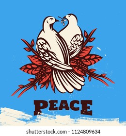 Two lovely doves with Olive Branch. Peace Symbol. Peace logo template, World Peace symbol. Wedding invitation card with doves. Love scene illustration.
